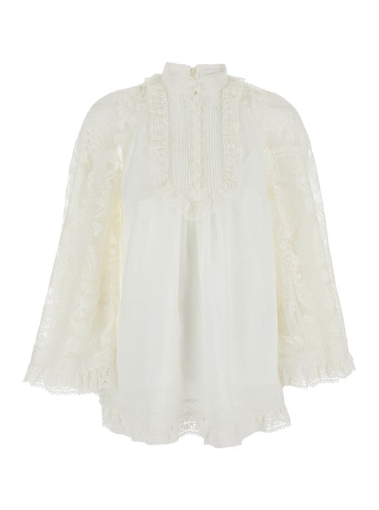 Weiße Bluse „Ascension“ mit Spitzeneinsätzen und Muschelsaum aus Ramie für Damen